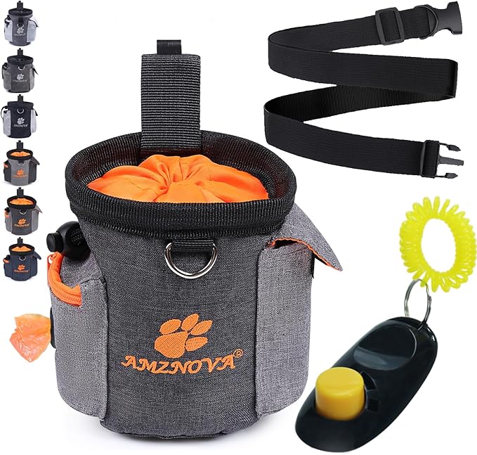 AMZNOVA Dog Treat Bag Treatnow Dog Treat Pouch, Training Pouch with Waist Belt & Clicker for Training & Walking, Waist Clip On Snack Fanny Pack for Pet, 3Cups, Heather Black