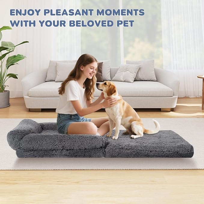 OtterOasis Foldable Human Dog Bed for Adults, Fluffy Human Sized with Blanket, Orthopedic Washable Dog Bed with Memory Foam and Water Repellent Liner for Pet (Grey, 72 * 44 * 10 inch)