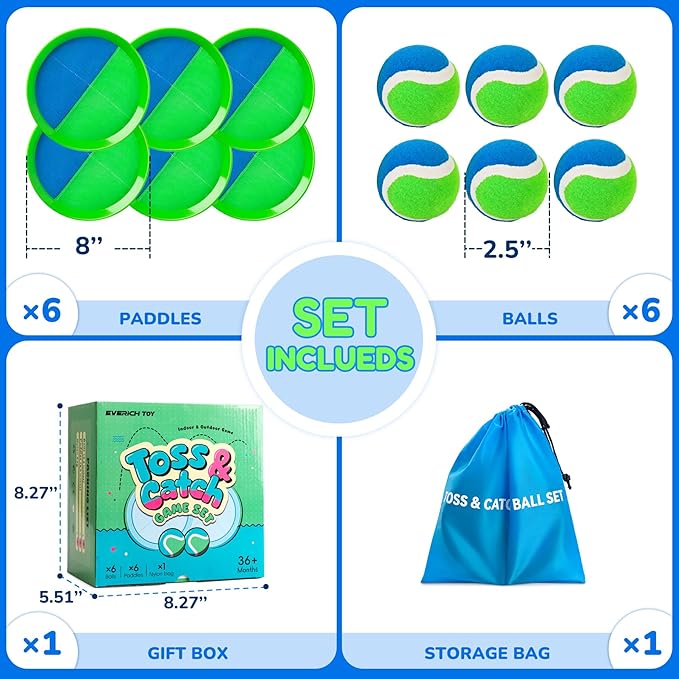 Toss and Catch Ball Game Set, Upgraded Sticky Paddle Ball Set for Kids & Toddlers, Sturdy & Water-Resistant Outdoor Backyard Beach Pool Toy, Birthday Gift for Boys Girls Ages 3-12