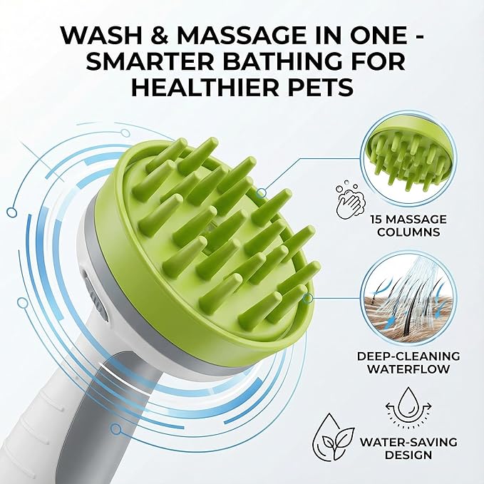 3-in-1 Pet Bathing Shower Head with Soft Massage Bristles – One-Touch Spray Control, Anti-Splash Guard & Non-Slip Handle for Dogs & Cats, Fits Standard Faucets & Garden Hoses (ivory white)