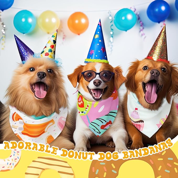 Huhumy 150 Pcs Donut Dog Bandanas Bulk Pet Bibs Colorful Triangle Scarf Donut Pet Bandanas for Medium Large Dogs Spring Summer Candy Theme Birthday Costume Decor