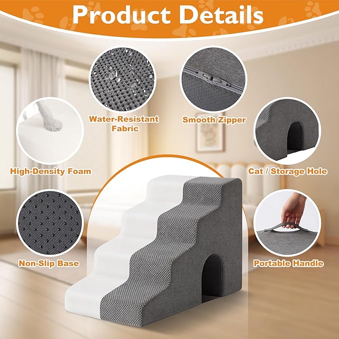 Dog Stairs for Bed 19.5’’ H, 4-Step Dog Steps for High Bed, Pet Stairs for Small Dogs and Cats to Get on Beds, Couch, Non-Slip Balanced Pet Steps and Ramp with Waterproof Cover and Tunnel, Grey