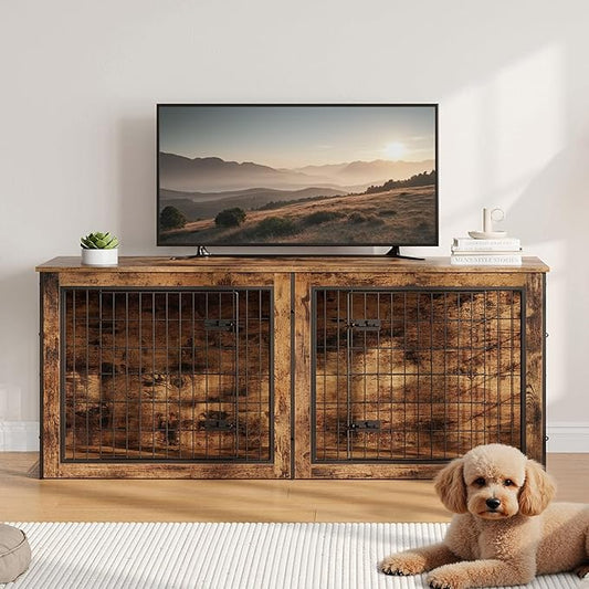 HOOBRO Dog Crate Furniture for 2 Dogs, 63" Large Double Dog Crate Furniture with Divider, Wooden Indoor Kennel TV Stand for Medium Large Dogs, Rustic Brown BF55GW03