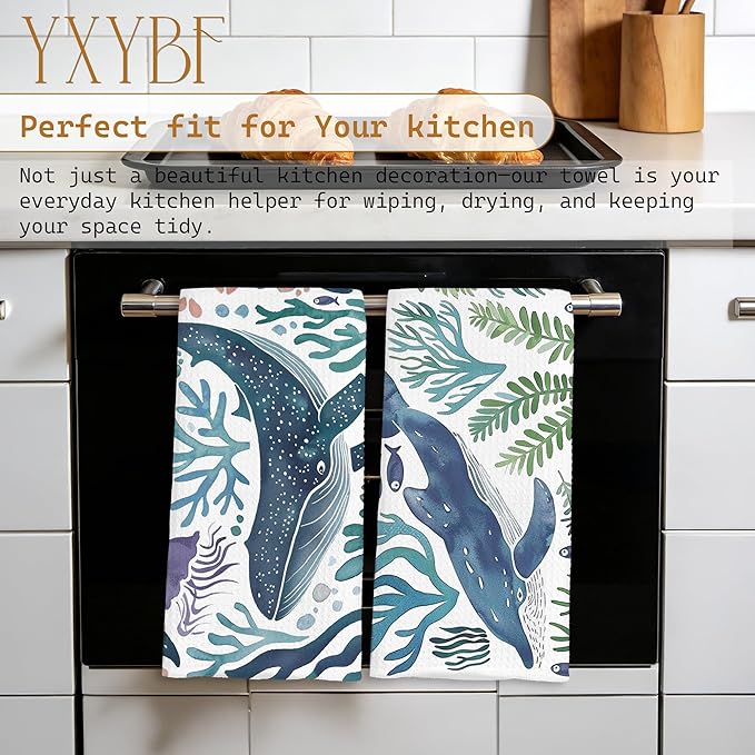 Blue Whale Nautical Coastal Hand Dish Tea Towels for Kitchen Bathroom Decor 16x24 Inches, Coastal Bathroom Decor, Ocean Marine Life Beach Kitchen Towels Decorative Set of 2