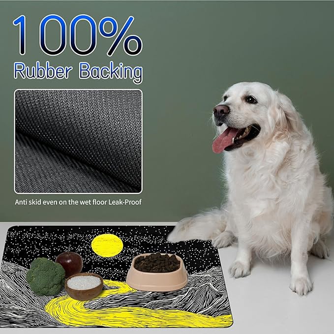 Dog Food Mat, 15.7" x 23.6" Absorbent Pet Feeding Mat for Food and Water, Waterproof Diatom Mud Pet Placemat with Non-Slip Rubber Backing, Cat Bowl Mat for Floors - Creek Yellow Moon