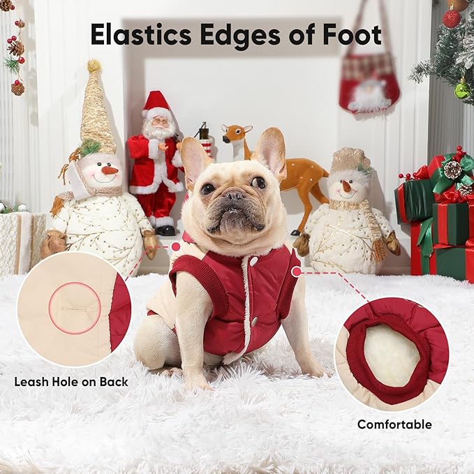 Vecomfy Fleece Lining Extra Warm Dog Hoodie in Winter,Small Dog Jacket Puppy Coats with Hooded,Beige and Red XS