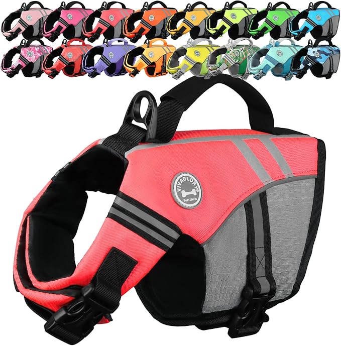 VIVAGLORY Sports Style Dog Life Vest, Dog Life Jacket for Swimming & Boating, Ripstop & Buoyancy for Puppy Doggy, Lifejacket with Handle, XS, Bright Pink