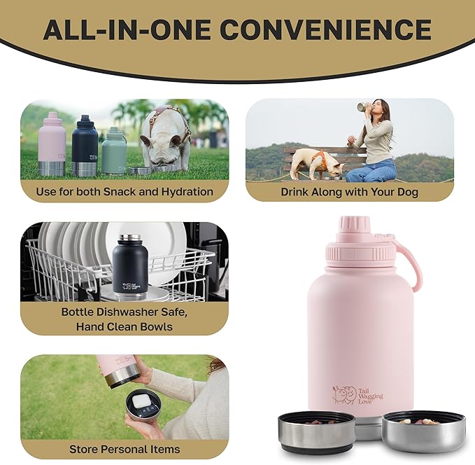 32oz 3-in-1 Travel Water Bottle for Dogs & Humans, Dual Use, Stainless Steel, Keeps Water Hot 6hrs/Cold 12hrs, Leak-Proof with Detachable Food & Water Bowls, Perfect for Travel
