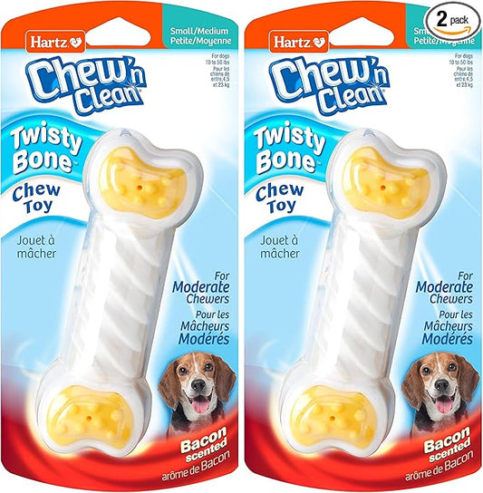 Hartz Chew ‘n Clean Twisty Bone Dog Chew Toy, Bacon Scented Chew Toy for Moderate Chewers, Small/Medium, Color Varies (Pack of 2)