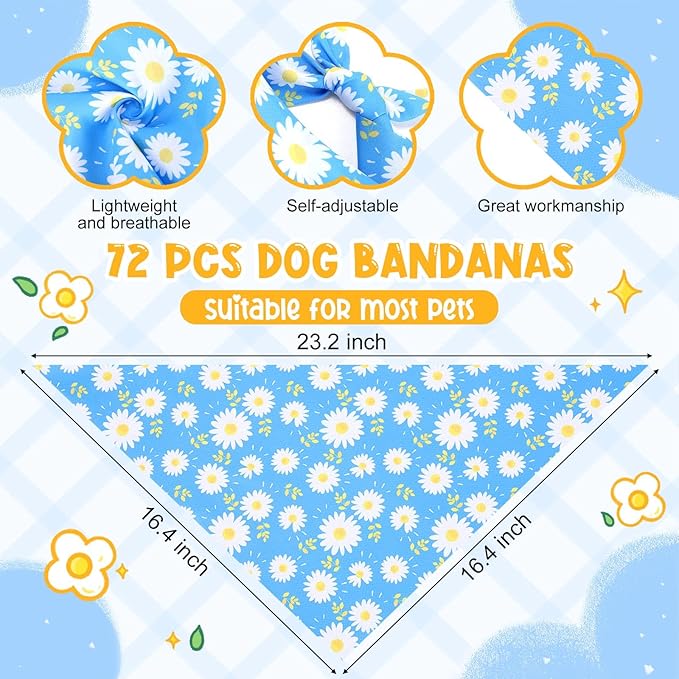 Sanwuta 72 Pcs Boy Dog Bandanas Bulks Summer Floral Dog Bandana Washable Scarfs Cat Bandanas Adjustable Cute Triangle Bibs Cat Neckwear Puppy Scarves for Small Medium Pet Birthday Beach Party Costume