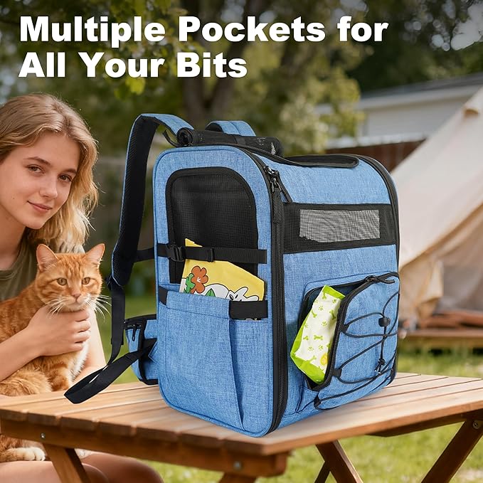 Dog Carrier Backpack for Small Dogs - Breathable Mesh Hiking Bag with Safety Buckle, Adjustable Straps and Elevated Pad - Durable for Hiking (Fits Small Cats Too, Up to 17lbs, Blue)