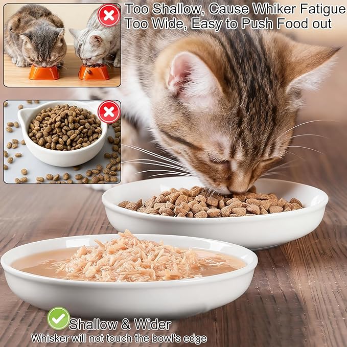 3 Pack Cat Food Bowl Ceramic Cat Bowls for Indoor Cats Plates Anti Whisker Fatigue Bowl Set，5.9 inch Wide Shallow Ceramic Cats Dishes for Food and Water (Cat's Paw+Fishbone)