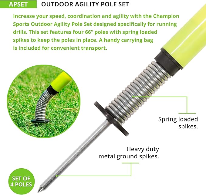 Champion Sports Outdoor Sports Agility Pole Set, 4 Rubber Bases with 12 PVC Poles, 66 Inches, Yellow