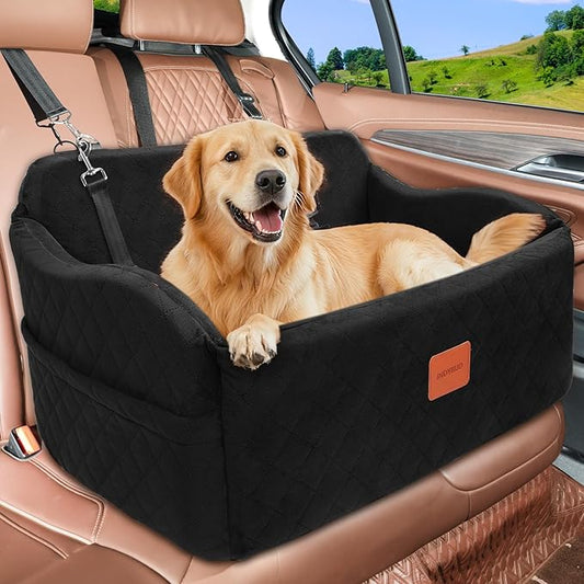 Dog Car Seat for Medium/Large Dogs, Memory Foam Pet Booster Seat for Under 55 lbs or 2 Small Dogs, Detachable Washable Dog Car Bed for Backseat with 2 Safety Leashes and Pockets(Black, Large)