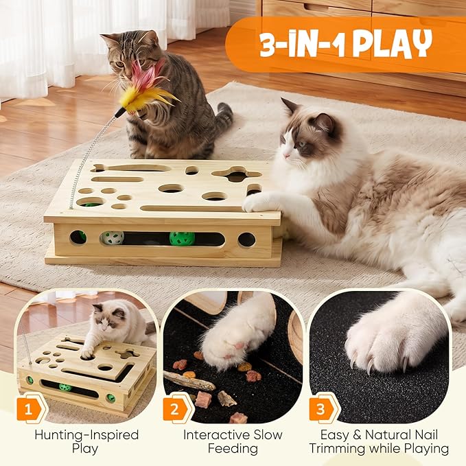 SENNOVI Extra Large Cat Toys for Indoor Cats, Wooden Puzzle Feeder & Scratcher Box, Interactive Enrichment Activity Center with Sandpaper Nail Trimmer, Boredom Buster for Multi Cat Households