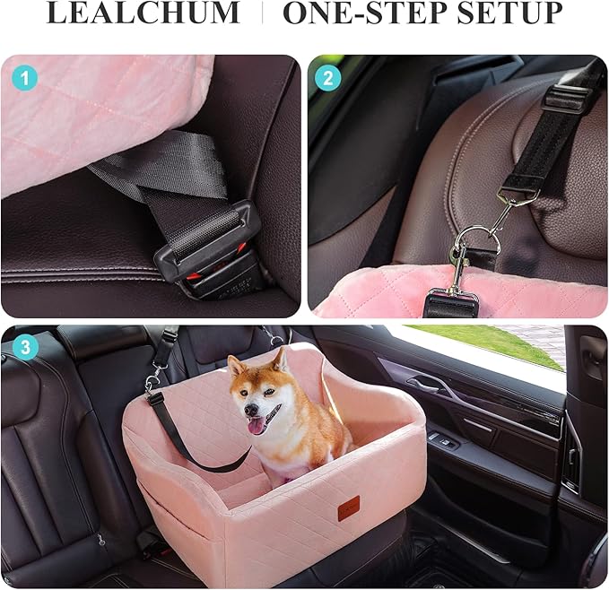 Lealchum Dog Car Seat for Medium/Large Dogs,2 Clip-On Safety Leashs for 2 Small Dogs,Removable and Washable Comfy Pet Car Seat,Easy to Install and Clean (Pink, Large)