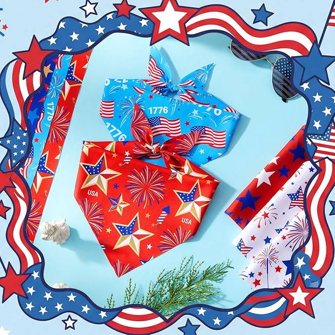 Weewooday 50 Pcs 4th of July Dog Bandanas Bulk for 250th Anniversary Patriotic Red White and Blue Triangle Scarf for Memorial Independence Day Small Medium Large (Star, 25.6 x 17.7 x 17.7 Inch)