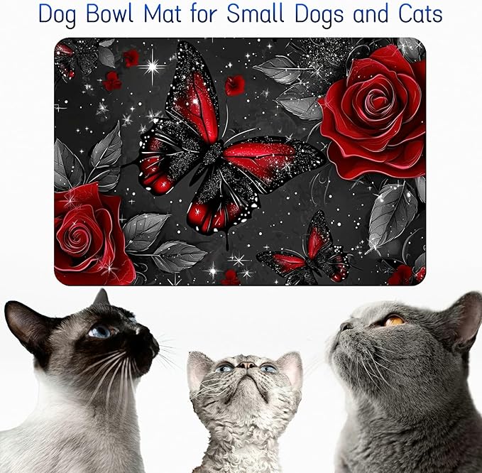 Dog Food Mat, 19.6" x 23.6" Absorbent Pet Feeding Mat for Food and Water, Waterproof Diatom Mud Pet Placemat with Non-Slip Rubber Backing, Cat Bowl Mat for Floors - Red Rose Butterfly