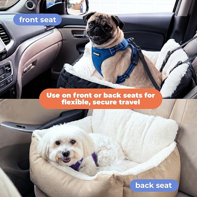 Best Pet Supplies Elevated Dog Car Seat for Small Dogs, Booster Seat with Safety Tether & Storage, Washable Travel Pet Seat for Front or Back Seat, Up to 25 lbs - Black - 21 x 20 x 14