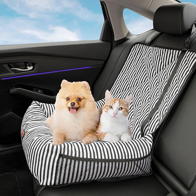 Dog Car Seat for Small and Medium Dogs, Booster Seat Sofa Pet Bed, Portable Car Travel Carrier Bed (Black Stripes-Thick Filling)