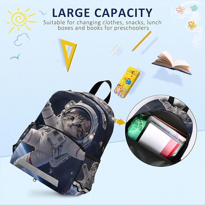 Astronaut Cat Toddler Backpack with Harness Leash Chest Buckle, Kids Schoolbag for Nursery Kindergarten Girls Boys 10.2×5.9×12.9 inch