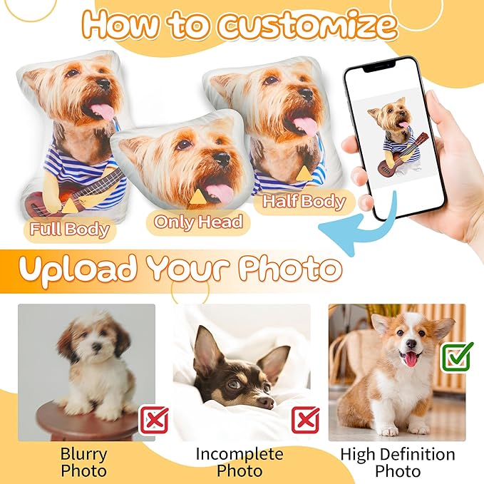 Easycosy Custom Pet Photo Pillow, Personalized Pillow Shaped Like Your Dog Cat Face, Customized Stuffed Animal Picture Pillows, Memorial Gifts for Pet Animal Lovers Her Him(10 Inch)