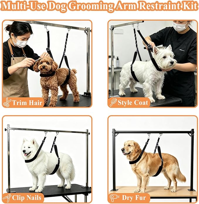 ASOCEA Dog Grooming Belly Strap Dogs Grooming Table Arm Extender Loop with D-Rings Adjustable Bathing Restraint Leash No Sit Haunch Holder for Small & Medium Dog Cat Hair Cutting Washing (Black)