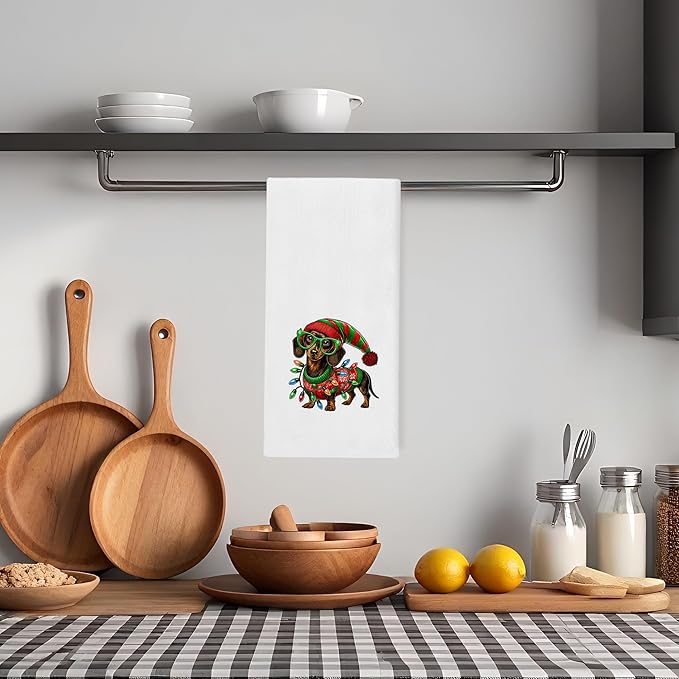 Dachshund Christmas Kitchen Towels - Funny Wiener Dog Navidad Decor, Dachshund Lovers Gifts, Sausage Dog Christmas Hand Towels Dishcloth for Kitchen Bathroom Decorative, 16x24 Inch