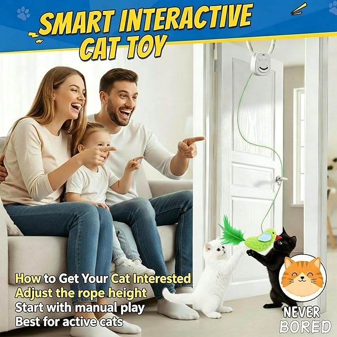 Interactive Cat Toy for Indoor Cats, 2-Mode Automatic Door Hanging Cat Toy with Flying Bird & Mouse, USB Rechargeable Quiet Electric Cat Toy for Bored Cats, Kittens & Multi-Cat Homes