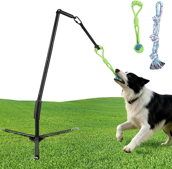 Tether Outdoor Dog Rope Toy with Reinforced Tripod Spring Pole Base - Heavy Duty Interactive Tether Tug Toy for Backyard Solo Play - Adjustable Spring Pole Rope System for Large Medium Small Dogs