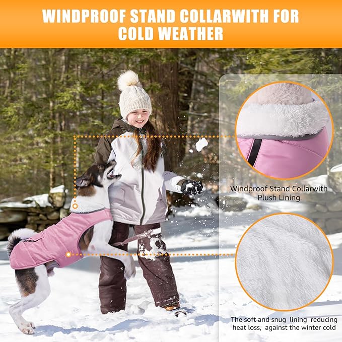 Dog Winter Coat for Large Dogs, Easy on Dog Snow Coat Velcro Waterproof Pet Puffer Jacket with Harness Hole Adjustable Reflective Quilted Pet Cold Weather Vest Wind-Poof for Pitbull Boy Girl