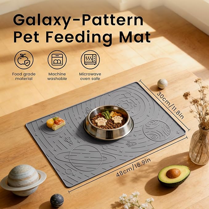 OHMO Dog Food Mat, Silicone Waterproof Cat Food Mat, Non-Skid Spill Proof Pet Feeding Mat for Food and Water, Easy to Clean Dog Placemat(Grey, 18.9" x 11.8")