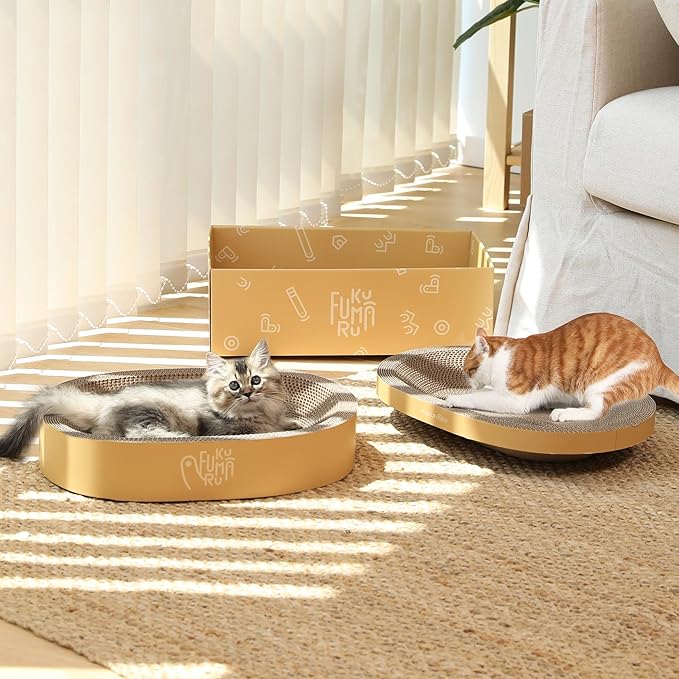 FUKUMARU 3PCS Cardboard Cat Scratcher, Durable Oval Cat Scratch Pad Bed Bowl for Indoor Cats, Round Cats Scratching Board with Kitten Scratcher Box, Couch Sofa Furniture Protector