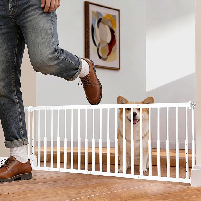 10''-15.8'' Height Adjustable Dog Gate, Extra Wide 18.1"-53" All Metal Short Dog Gate to Step Over, Pressure Mount Small Pet Puppy Gate for Stairs & Doorways(White)