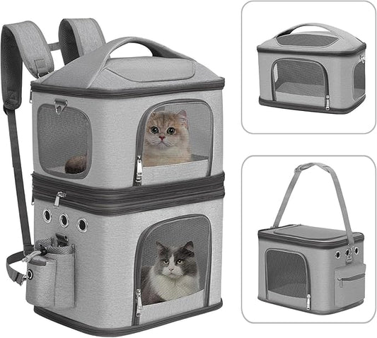 HOVONO Detachable Double Pet Carrier Backpack for Cats and Small Dogs, Cat Travel Carrier for 2 Cats(Up to 16 lbs Each), Perfect for Traveling/Hiking/Camping, Grey