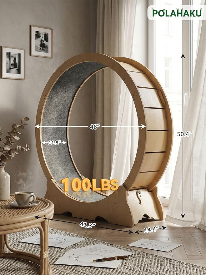 Cat Exercise Wheel, 48 Inch Diameter Cat Treadmill for Indoor Cats, Cats Running Wheel with Updated Enhanced Base and Carpeted Runway for Cat's Longer Life and Fitness, Natural