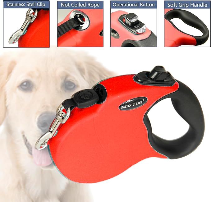 Small 13 FT Retractable Dog Leash – Hands-Free Adjustable Leash for Dogs Up to 22lbs, Tangle-Free Nylon with Ergonomic Grip for Walking, Training & Outdoor Safety Red S