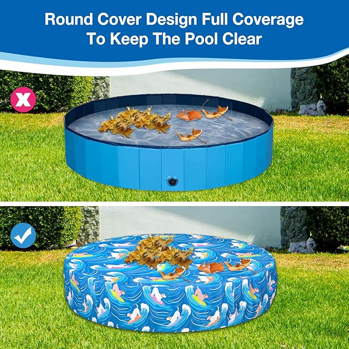 Foldable Round Dog Swimming Pool Cover, for 32 "/63“/48” Collapsible Outdoor Tub, PVC Coating Waterproof and UV Protection, Leakproof Washable Kiddie Pet Small Paddling Bath Accessories