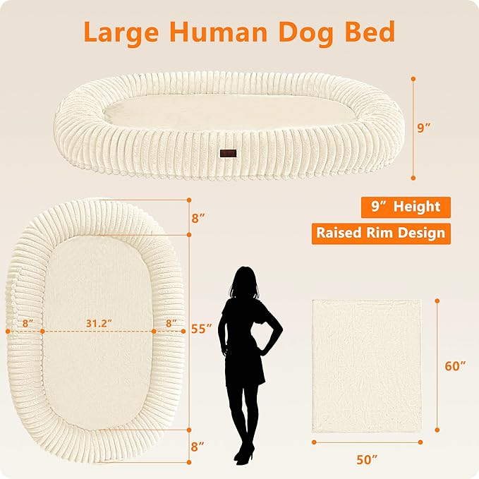Human Dog Bed for Adult, Reversible Orthopedic Gel Memory Foam Cushion, Washable Corduroy Fleece, Plump Edge with Blanket, Storage Pocket, Strap, 71"x47.2"x9", Extra Large, Beige