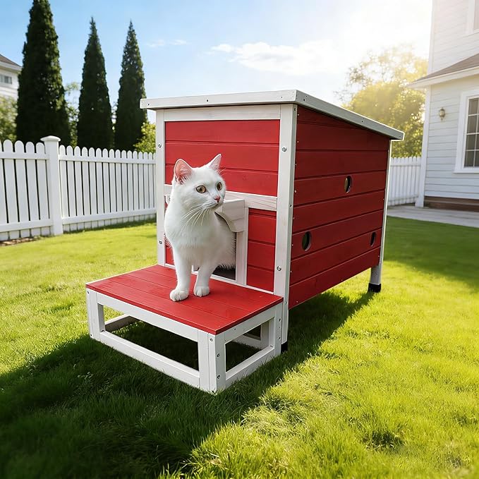 Rockever Outdoor Cat House, Large Outdoor Houses for Feral Cats Wooden Outside Cat Shelter Weatherproof with Escape Door-Red