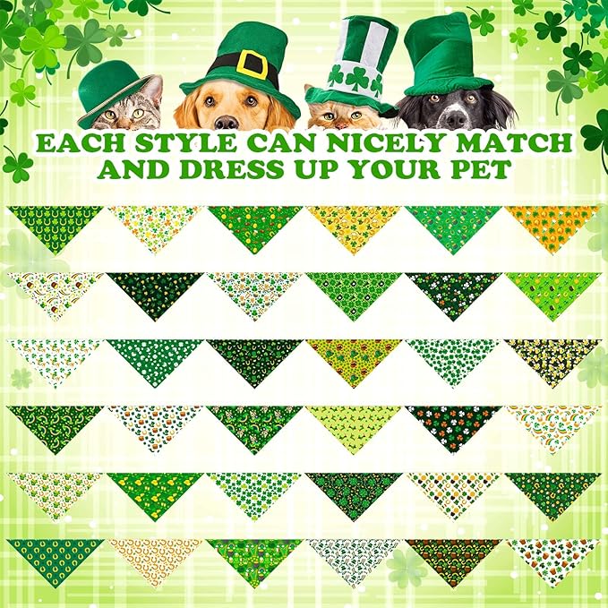 Sanwuta 72 Pcs St Patricks Day Dog Bandana Bulk Washable Puppy Triangle Scarfs Irish Cat Bandanas Adjustable Soft Shamrocks Pet Triangle Bibs Accessories for Small Medium Dogs Cats Pets Costume