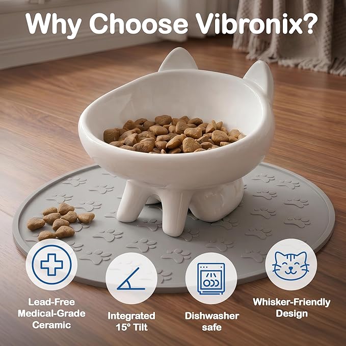 2 Pack Anti-Vomit Elevated Ceramic Cat Bowls with 2 Non-Slip Mats – Ceramic Whisker-Friendly Tilted Orthopedic Feeding Set, Ideal for Senior Cats & Small Dogs