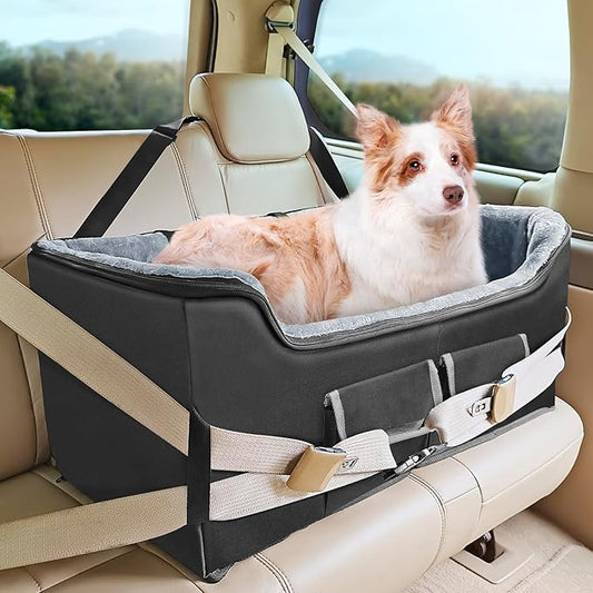 INFANZIA Dog Car Booster Seat, Elevated Pet Car Seats for Large Medium Dogs with Safety Leash, Washable Lookout Puppy Travel Seat with Storage Pockets for Pets Under 55 lbs (Large, Black)