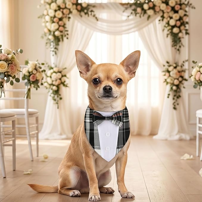 ADOGGYGO Black Dog Tuxedo Bandana, Plaid Bow Tie Collar, Adjustable Black Plaid Wedding Costume for Extra Small Dogs Cats (XS)