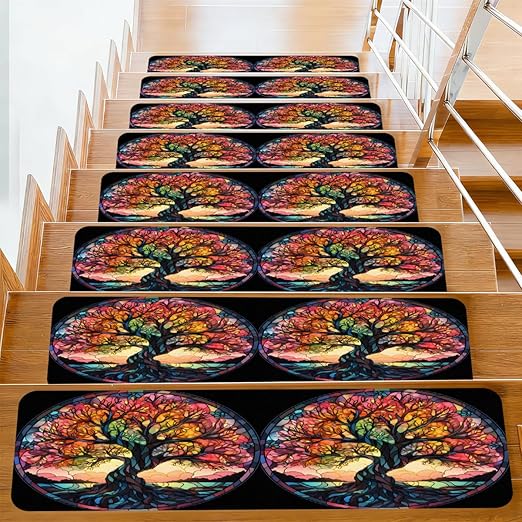 Abstract Tree Colorful Stair Treads for Wooden Steps Indoor Washable Staircase Carpet 1PCS 30"x7.8" Stair Step Treads Non-Slip Staircase Covers Peel and Stick Safety Mat for Kids Elders Pets