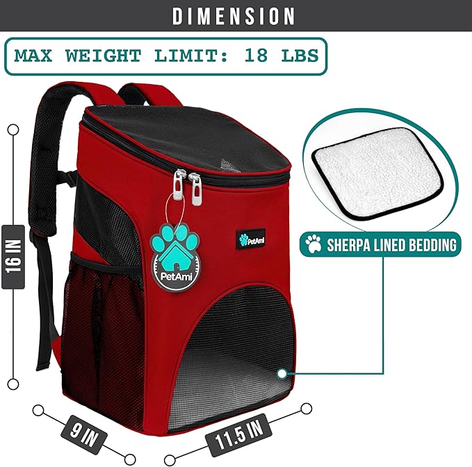 PetAmi Cat Backpack Carrier, Airline Approved Pet Carrier Backpack for Small Dogs and Large Cats, Soft Sided Collapsible Ventilated with Sherpa Bed for Hiking Travel, Max 18 lbs, Red