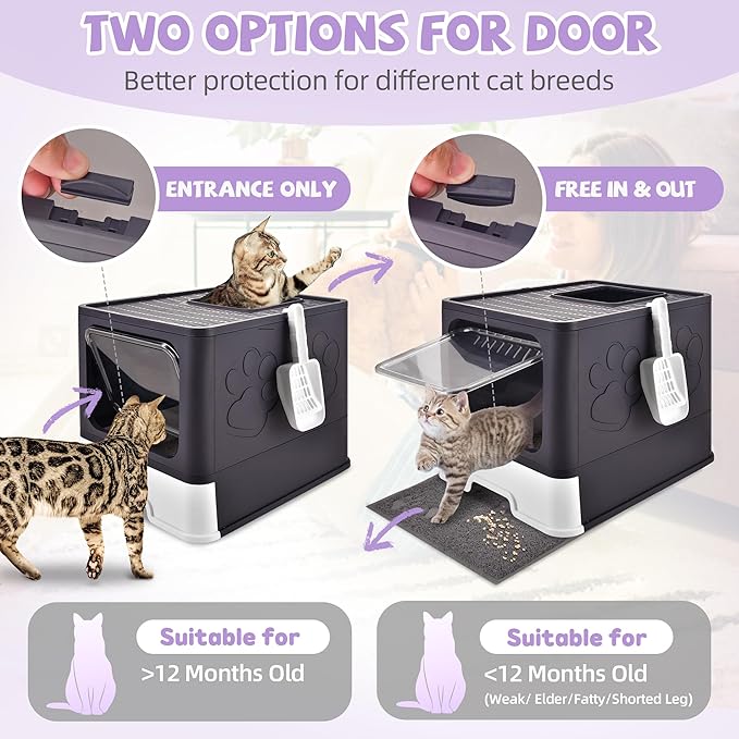 Covered Cat Litter Box with Litter Mat, Foldable Extra Large Dual Entry Adjustable Door, Drawer Design Enclosed Kitty Litter Box, Odor Control Anti-Splashing Easy Cleaning (Purple)