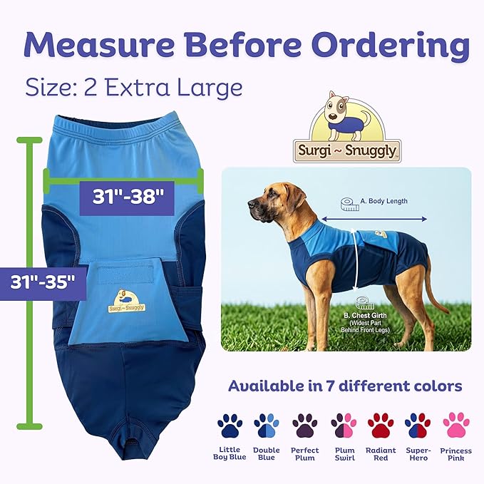 Surgi Snuggly Dog Surgery Recovery Suit - Dog Onesie for Post Surgery Recovery, Female Spay & Male Neuter - Surgical Suit for Dogs, E-Collar Cone Alternative, Double Blue - 2X-Large - 31" - 35" (EC)