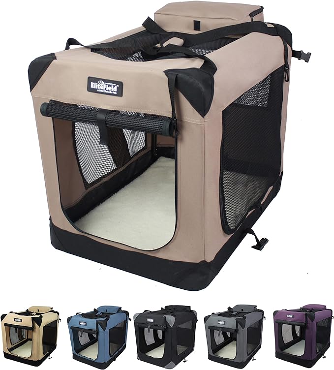 EliteField 3-Door Folding Soft Dog Crate with Carrying Bag and Fleece Bed (2 Year Warranty), Indoor & Outdoor Pet Home (36" L x 24" W x 28" H, Khaki)
