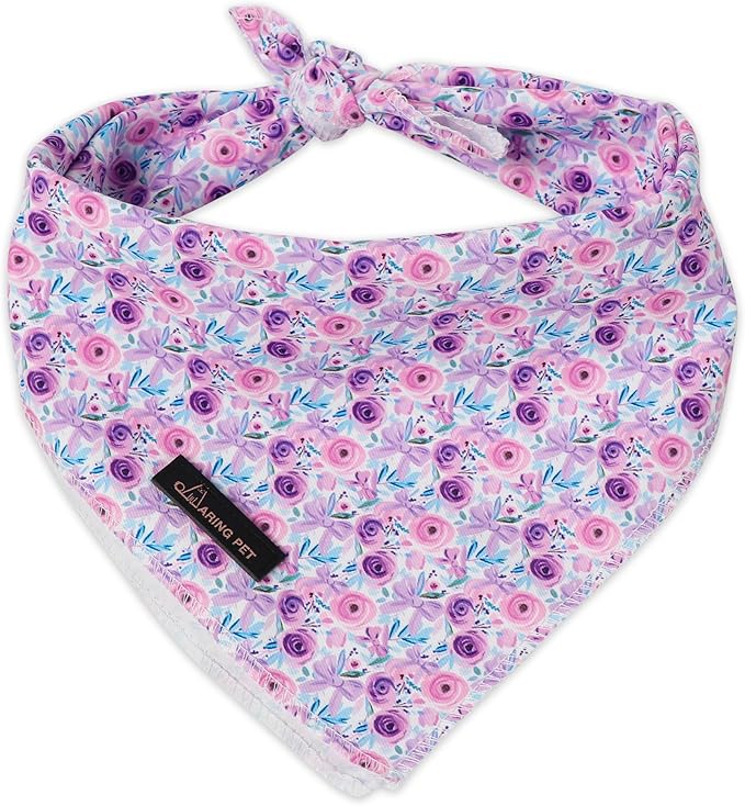 ARING PET Girl Dog Bandanas, Cute Summer Purple Rose Bow Floral Pet Bandana Scarf Triangle Bib for Small Medium Large Female Dogs Cats, Puppy Kerchief for Daily Wear Walks Party Photos-L